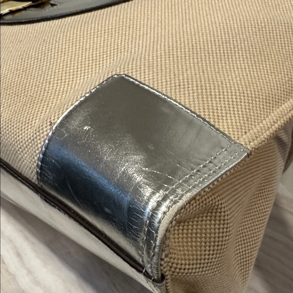 Tory Burch Tote Ella Canvas Silver Cream Logo Bag - Picture 14 of 17